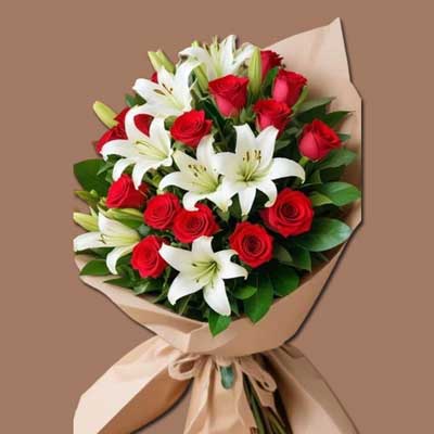 "Red Roses, Asiatic Lilies with Fillers Flower bunch - code BN04 - Click here to View more details about this Product